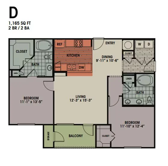 2 Bedroom, 2 Bath 1165 sqft E 12210 floor plan